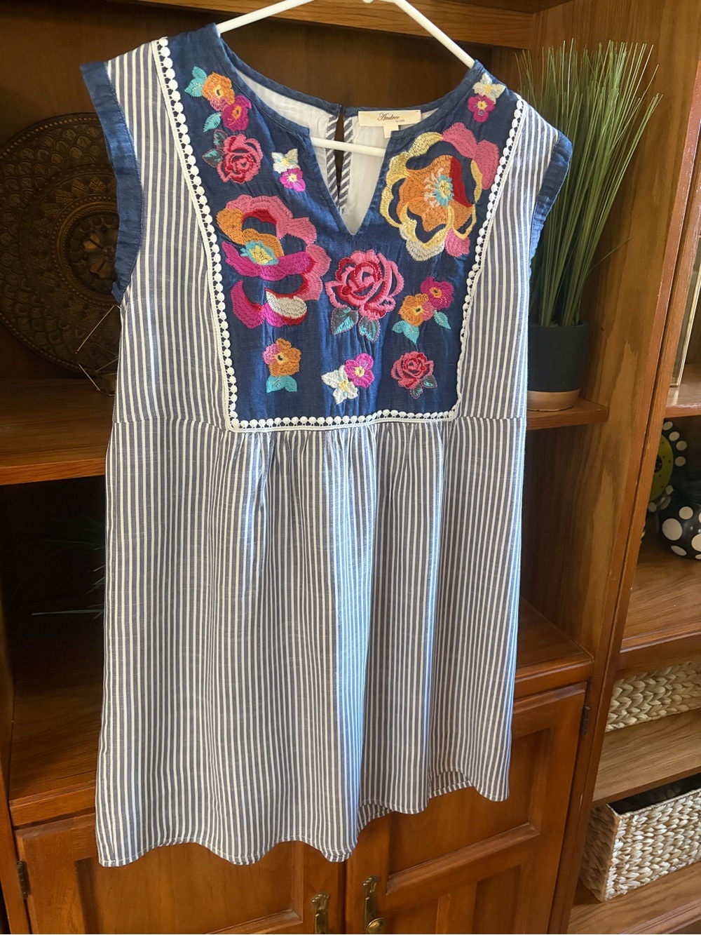 Andree Navy and White Striped Dress with Bright Floral Embroidery Knee Length